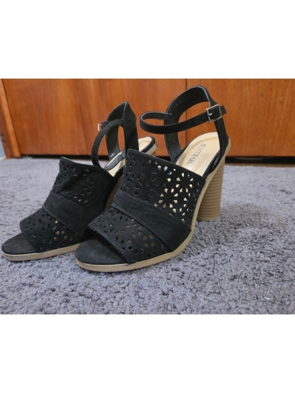 JustFab Black Laser-Cut Block Heel Sandals with Ankle Strap